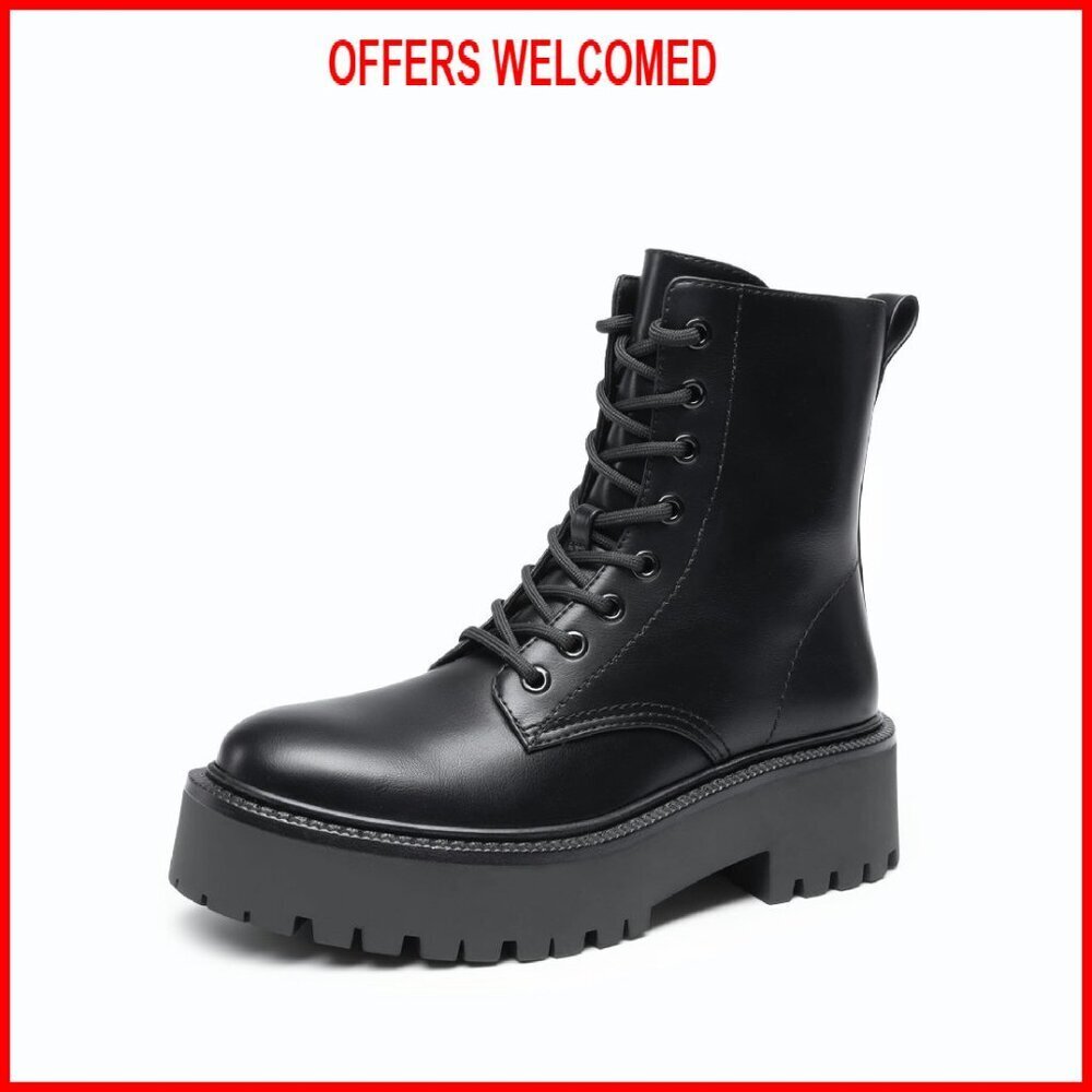 Women's Platform Combat Boots Lace-Up Ankle Booties Side Zipper Lug Sole